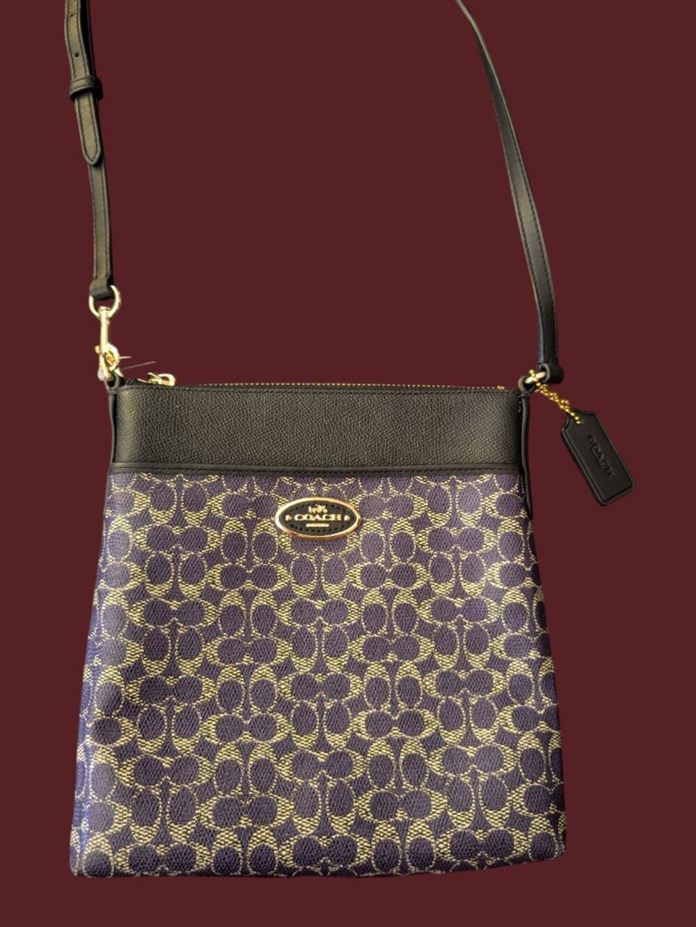 Coach Signature Purple And Black Leather Trim Coated Canvas Cross Body Purse - Picture 4 of 16